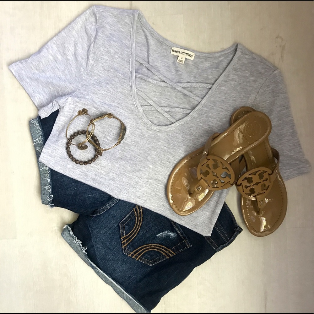 Grey Short Sleeve Shirt with Criss Cross Neckline
